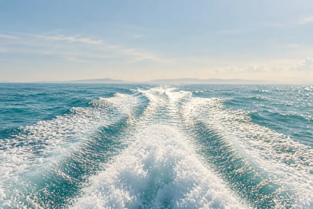 A sunlit ocean wake stretching back toward the horizon